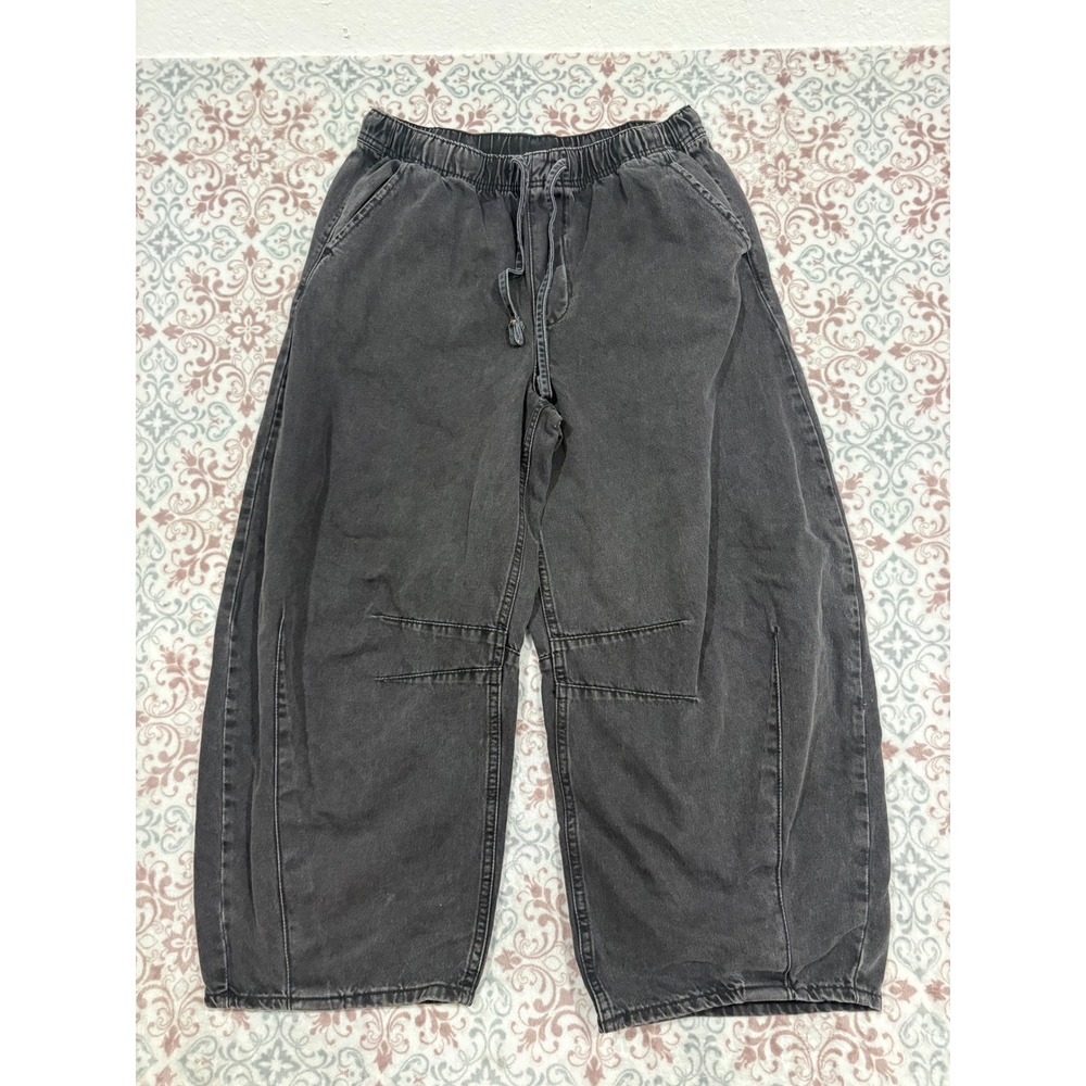 Old Navy Washed Black Barrel Jeans Wide Leg Elastic Waist Drawstring Size M